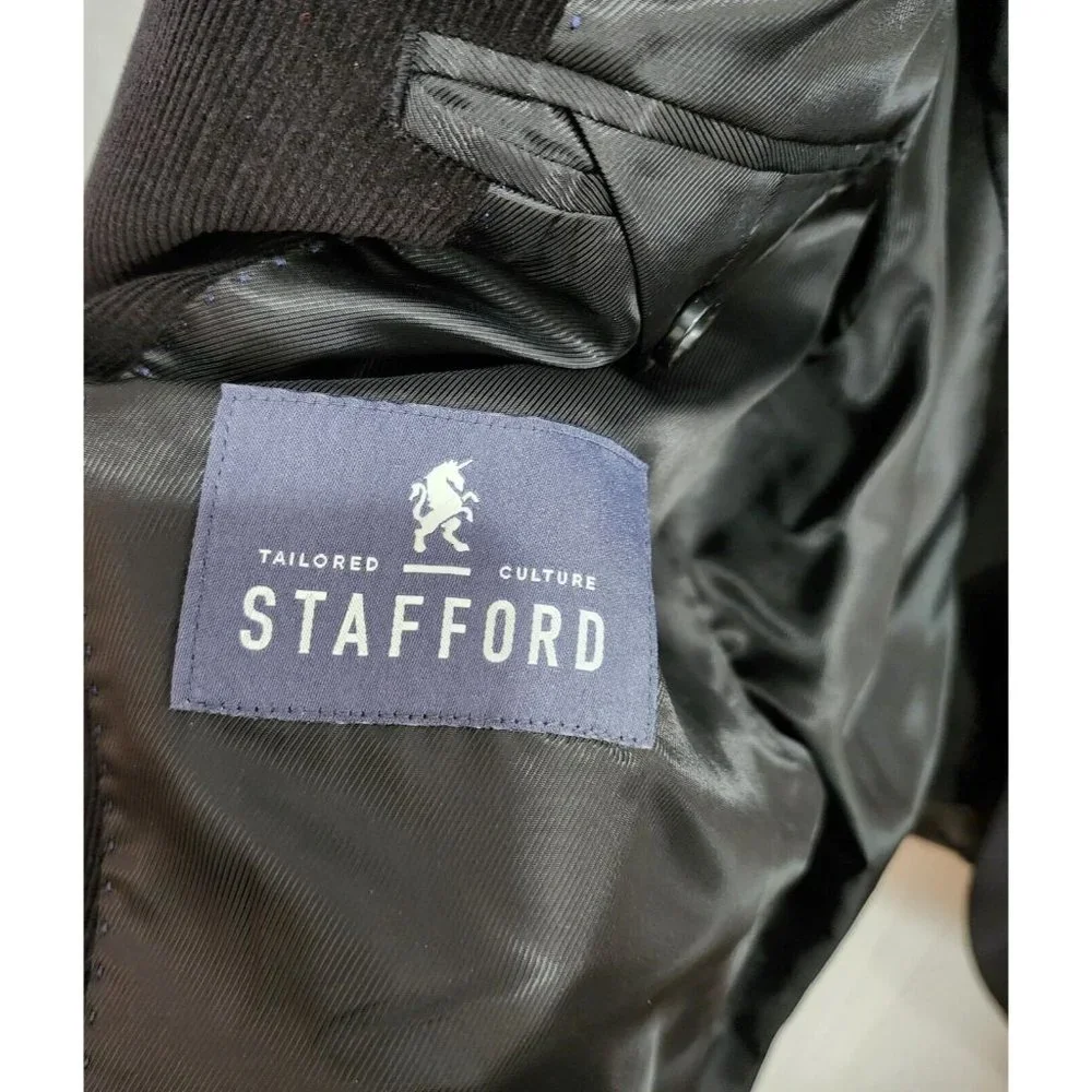 Stafford Black Corduroy Classic Fit Blazer Suit‎ Jacket Elbow Patch Size 48 REG